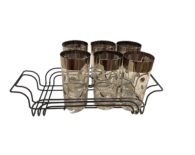 Featured listing image: MCM Dorothy Thorpe Silver Polka Dots Highball Glasses Set of 6 With Caddy