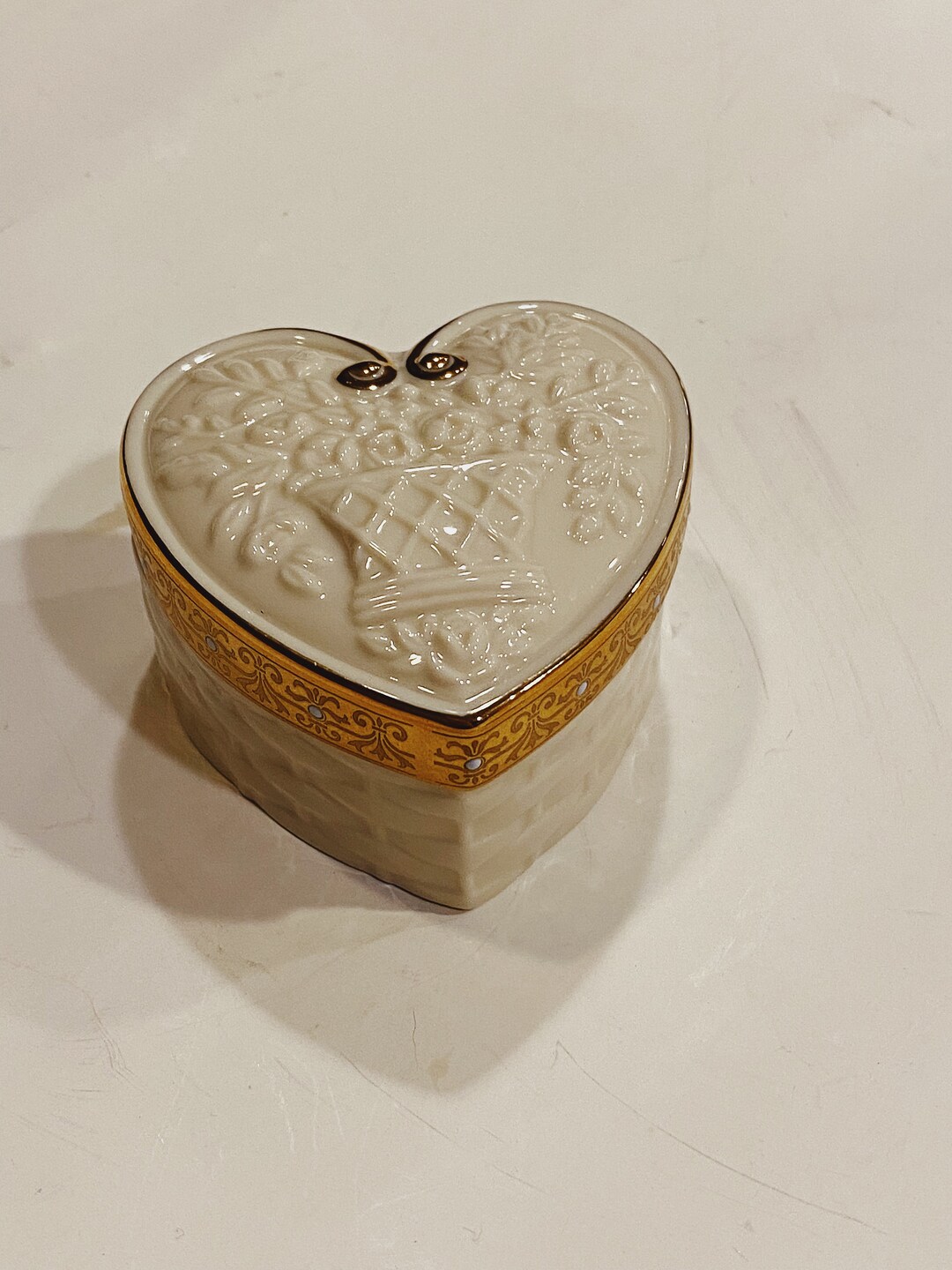 Lenox Heart Shaped Basket Weave and Floral Gold Trim Trinket Box Etsy