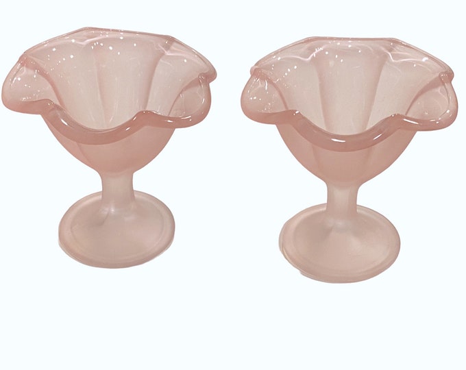 Featured listing image: Vintage Set of 2 SATIN Frosted GLASS COMPOTE Frost Rose Ruffled Edge 5 1/4"