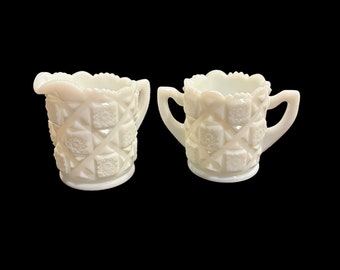 Milk Glass Westmoreland Creamer and Sugar Bowl Old Quilt Pattern