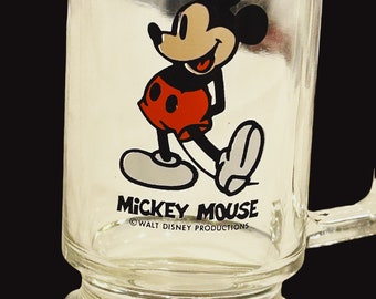 Vintage Walt Disney Productions Mickey Mouse Clear Glass Beer Mug Cup Stein