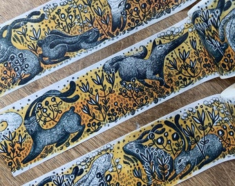 Gold Foil Flower and Rabbit Washi Tape in Mexican Tenango Pattern Red and Pink Floral Masking Tape Japanese Stationery