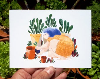 Gardening Lady Planting A6 Postcard Greeting Card Birthday Card