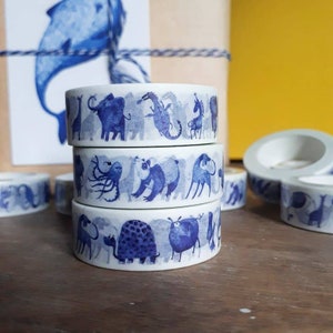 3 Rolls Cute Animal Washi Tape with Original Drawings from Blue Creatures serie, 15mm Wide x 10 Meters Limited Edition