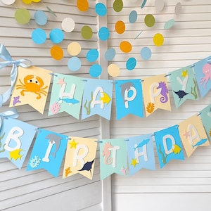 Meerestiere Geburtstagsbanner, Ozean-Thema Geburtstag, Seekinderparty, Auf dem Meer, unter dem Meer Dekoration, personalisierte Banner