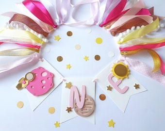 Banner para silla alta de primer cumpleaños con temática espacial, decoración de planetas