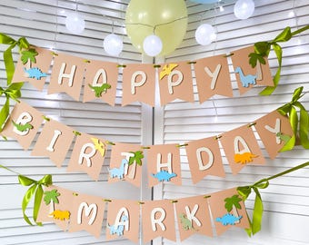 Banner de aniversário de dinossauro, decoração de festa de dinossauro personalizada