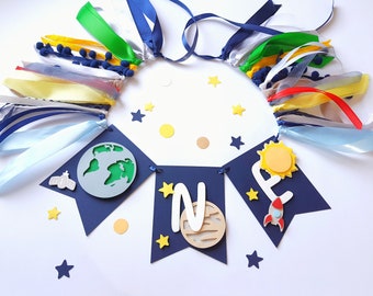 Space High Chair Banner, First Trip Around the Sun, 1st Birthday Decor