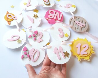 Space Planets 12 Month Photo Banner, First Trip Around the Sun Girl Birthday Decorations