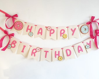 Donut Happy Birthday banner, lief meisje 1e verjaardagsdecoratie