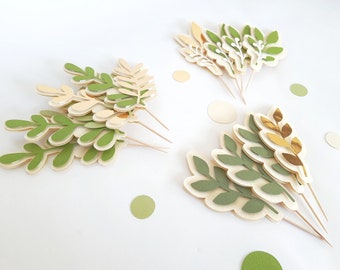 Greenery Cupcake Toppers, Green Gold 1st Birthday Decoration