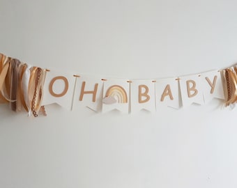Boho regenboog babyshowerbanner, gedempte kleuren, lintslinger