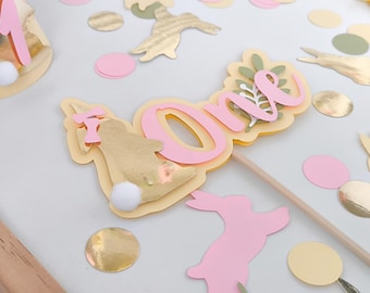 Bunny First Birthday Cake Topper, Pink and Gold Rabbit Decor