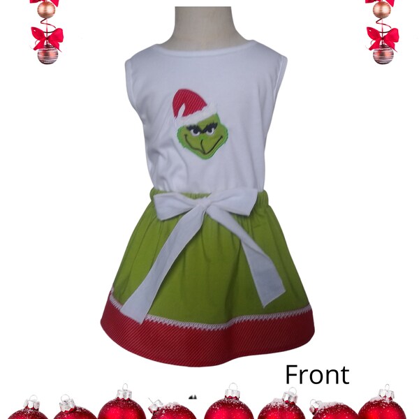 Handmade Christmas outfit, Christmas top/skirt, Christmas Grinch outfit. Embroidery Grinch case outfit, little girl dress, Holiday top,