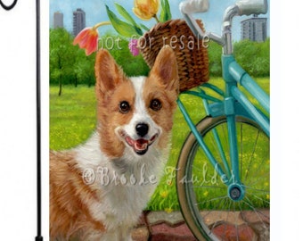 pembroke Welsh Corgi ARTIST GARDEN FLAG 12x18" Summer Spring Park dog painting bike basket tulips bicycling