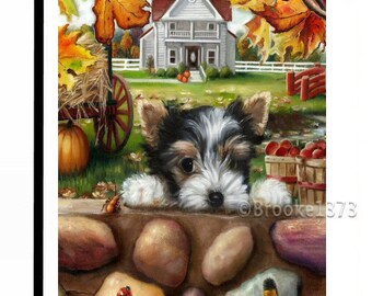 Yorkshire Terrier parti Yorkie Biewer terrier Autumn leaves Fall Painting GARDEN FLAG 12x18" puppy dog ART Halloween Autumn