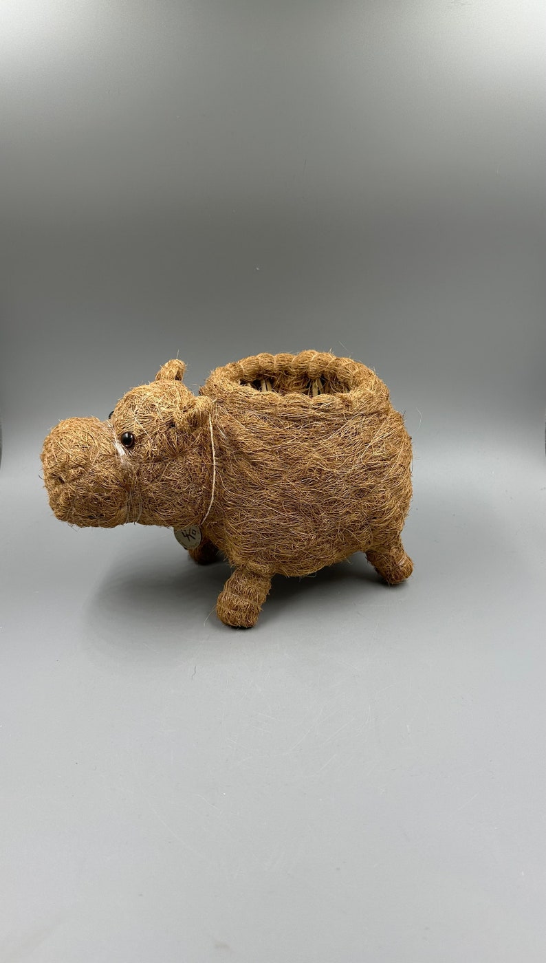 May include: A brown, woven hippo-shaped basket. The basket has a round opening and four short legs. The hippo has small, white eyes and a tag attached to its side. The basket is made of natural fibers and is suitable for home decor.