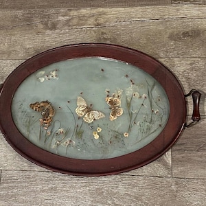Vintage Pressed Butterfly Wooden Tray, Large Framed Butterfly Art Antique Victorian Wooden Tray with Real Butterflies and Botanicals Framed