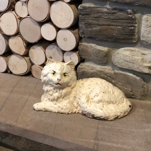 Vintage Cast Iron Laying Persian Cat Door Stop White | Cat Lover Gift |