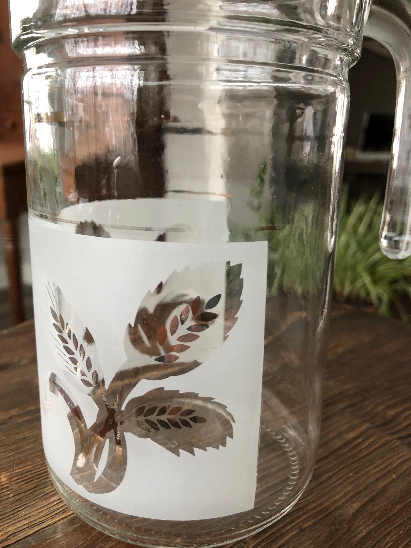 Vintage Glass Pitcher With Etching and Gold Leaves Etsy
