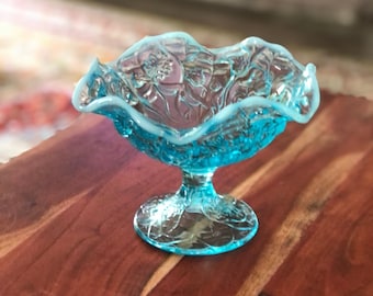 Vintage Fenton Glass Blue OPALESCENT HOBNAIL FOOTED Covered