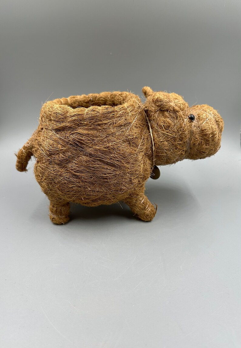 May include: A brown, hippo-shaped planter made from woven natural fibers. The planter has a wide opening for plants and small legs. A small bell hangs from a string around the hippo's neck. The hippo planter is a decorative item for home decor.
