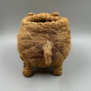 May include: A brown, woven planter shaped like a pig. The planter has four short legs, a small tail, and a wide opening at the top. The material appears to be made of natural fibers, giving it a rustic look. The planter is designed for small plants.
