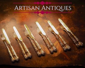 Antique Victorian Solid Silver Gilt Fruit/Dessert Knives & Forks Set of Six in Queens Pattern - Aaron Hadfield 1839