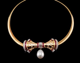 A Marvellous Vintage 18K Gold Ruby, Diamond & Pearl Bow Necklace