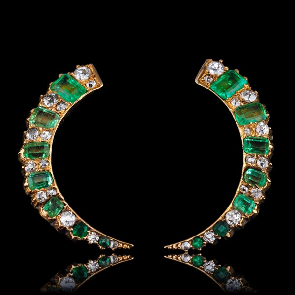 Antique Victorian Emerald & Diamond Earrings 18ct Gold Crescent Design - c.1890