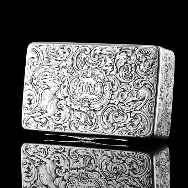 Antique Silver Snuff Box with Hunting Forest Scene Engraving - Charles Rawlings & William Summers 1837