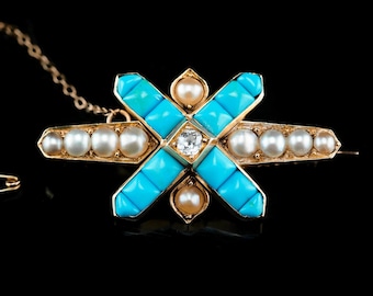 Antique Victorian 14k Gold Turquoise, Pearl & Diamond Brooch