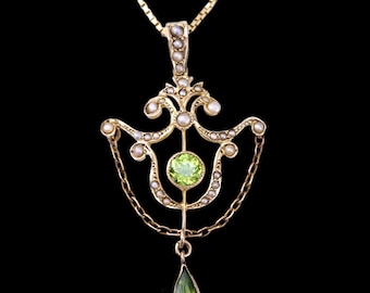 Antique Edwardian Peridot & Seed Pearl Pendant Necklace 9k Gold - 1909