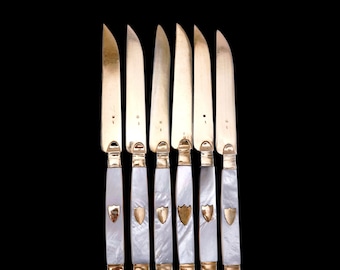 Antiguo juego de cuchillos de nácar dorados de plata maciza de 6 - 19o C. Holandés/Países Bajos del Sur