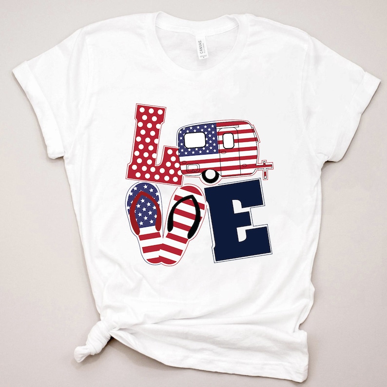 Patriotic t-shirt with love bus and flip flops to wear to patriotic parties and 4th of July celebrations. #patriotictshirt #americanflagtshirt