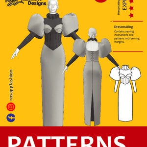 Könnte beinhalten: Eine digitale Illustration eines Kleiderschnitts mit drei verschiedenen Ansichten. Das Kleid hat ein tailliertes Oberteil mit einem herzförmigen Ausschnitt und einem weiten Rock. Die Ärmel sind groß und bauschig. Der Schnitt ist in den Größen XS bis 2XL erhältlich. Der Text "rosappfashion" und "PATTERNS" ist auf dem Bild zu sehen.