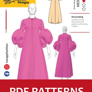 Zoptymalizuj wykrój PDF sukienki damskiej o kroju litery A/półgolfu/maxi/bufiastych rękawów/rozmiar 2XL/do natychmiastowego pobrania z instrukcją szycia, która Ci pomoże