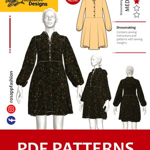 Puede incluir: Patrón de costura PDF para un vestido con estampado floral. El patrón incluye instrucciones y está disponible en tallas XS a 2XL. El nivel de dificultad es medio.
