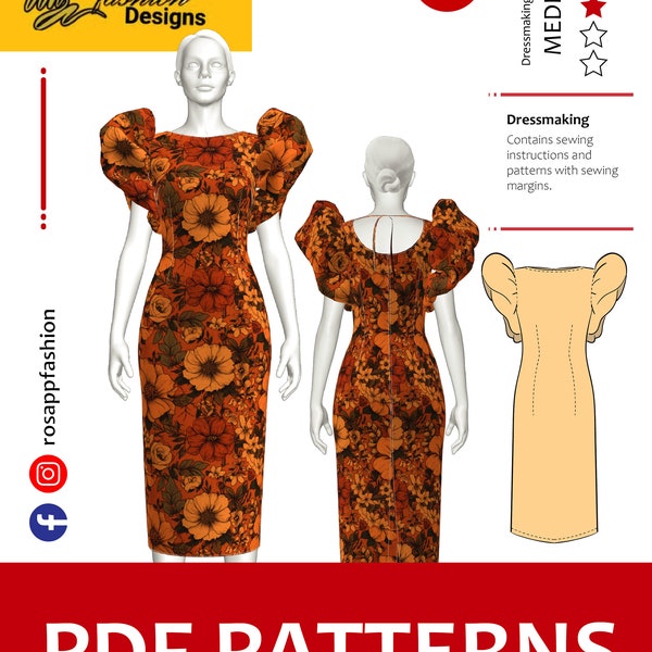 Good sewing pattern women dress/sleeve cuff/below the knee/boat neckline/S-2XL/Instant download/PDF digital sewing pattern with instructions