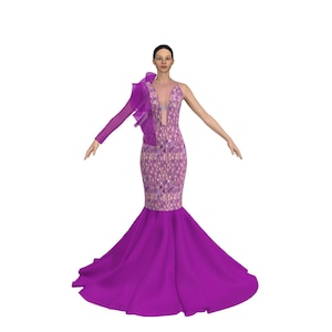 May include: A formal, floor-length gown in shades of purple. The bodice features intricate beading and a sheer neckline, with a single long sleeve and a ruffled shoulder detail. The skirt flares out into a mermaid silhouette.