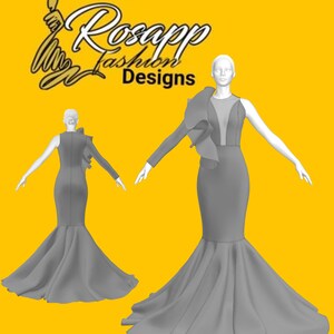 May include: A grey, floor-length gown with a mermaid silhouette and a single long sleeve. The dress features a ruffled shoulder detail and a sheer neckline. The image includes the text "Rosapp Fashion Designs" in a stylized script.