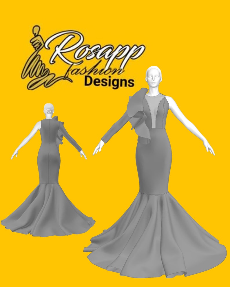 May include: A grey, floor-length gown with a mermaid silhouette and a single long sleeve. The dress features a ruffled shoulder detail and a sheer neckline. The image includes the text "Rosapp Fashion Designs" in a stylized script.