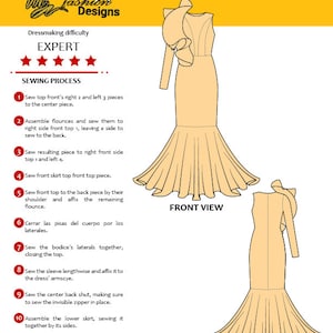 May include: A dressmaking pattern for an expert-level gown design. The image displays front and back views of a long, pale-coloured dress with a ruffled shoulder and a flared skirt. Includes detailed sewing instructions.