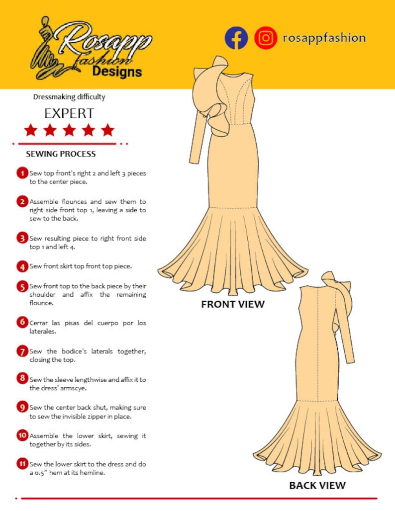 May include: A dressmaking pattern for an expert-level gown design. The image displays front and back views of a long, pale-coloured dress with a ruffled shoulder and a flared skirt. Includes detailed sewing instructions.