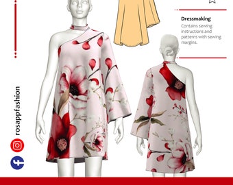 May include: A digital PDF pattern for a one-shoulder dress with a floral print. The pattern includes sewing instructions and is available in sizes XS to 2XL. The pattern is labeled "Rosapp Fashion Designs" and is described as "Basic" in difficulty.