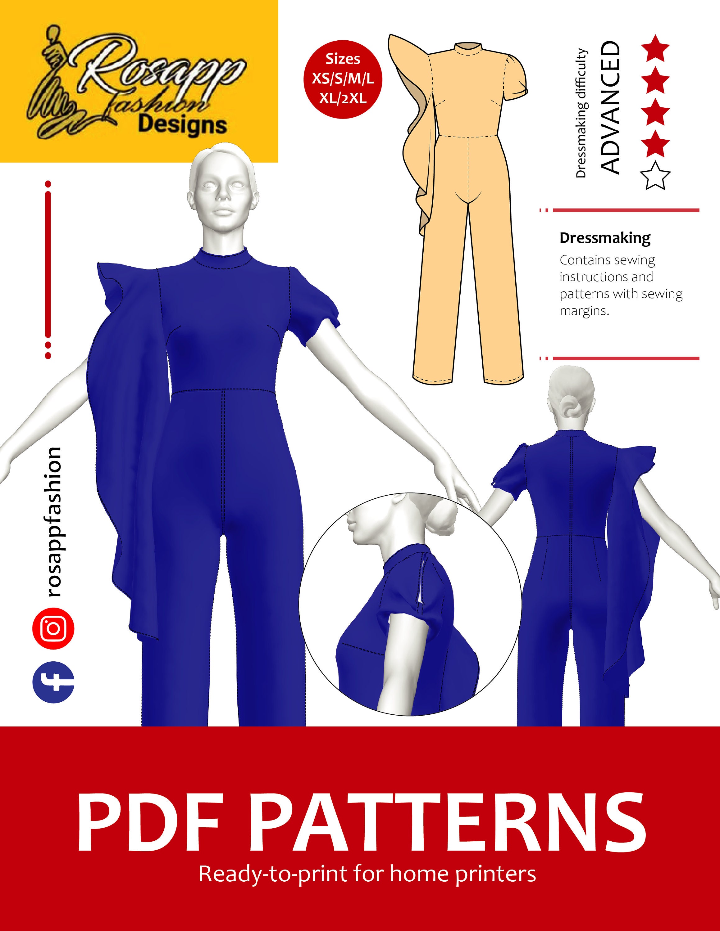 Abel Jumpsuit Pdf Digital Sew Pattern/ Half Long Flounce Sleeve and ...