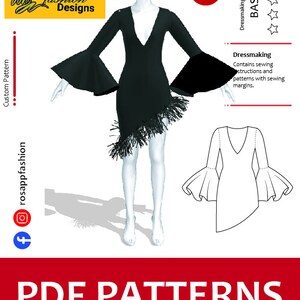 May include: A black dress with long sleeves and a V-neckline. The dress has a ruffled hem and a fringe detail. The dress is shown on a mannequin. The image also includes a line drawing of the dress and a description of the dressmaking difficulty, which is "Basic".