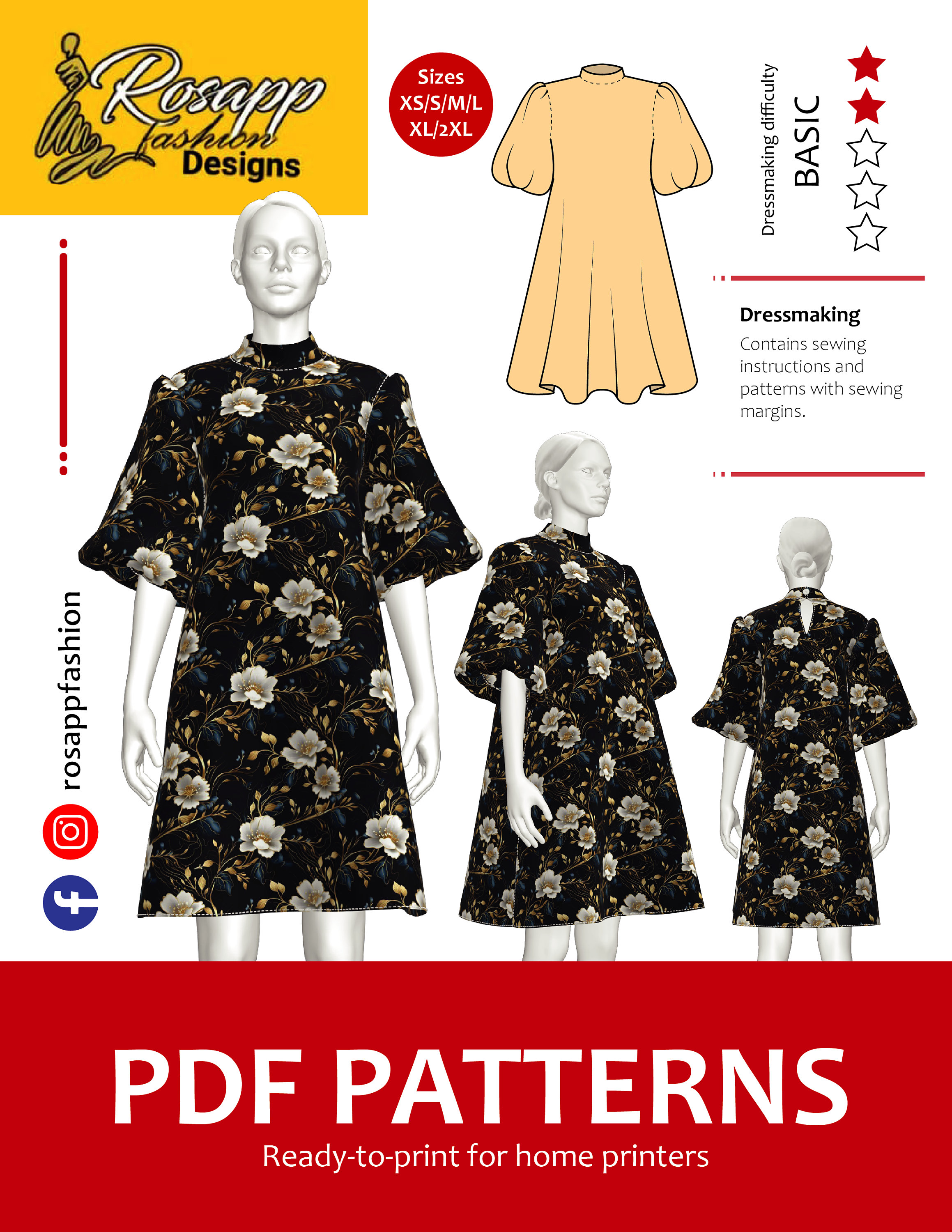Claire A-line PDF Sewing Pattern for Women Dress/puff Sleeve/turtleneck ...
