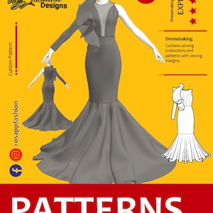 May include: A gray mermaid-style dress pattern displayed on a mannequin. The dress features a one-shoulder design with a ruffled sleeve and a sheer neckline. The image includes the text "Rosapp Fashion Designs" and "PATTERNS".