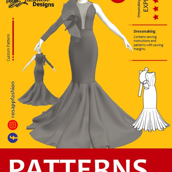 Attractive sewing pattern for women dress/trumpet mermaid/crew neckline/floor length/Size S-2XL/Instant down/easy digital PDF sewing pattern